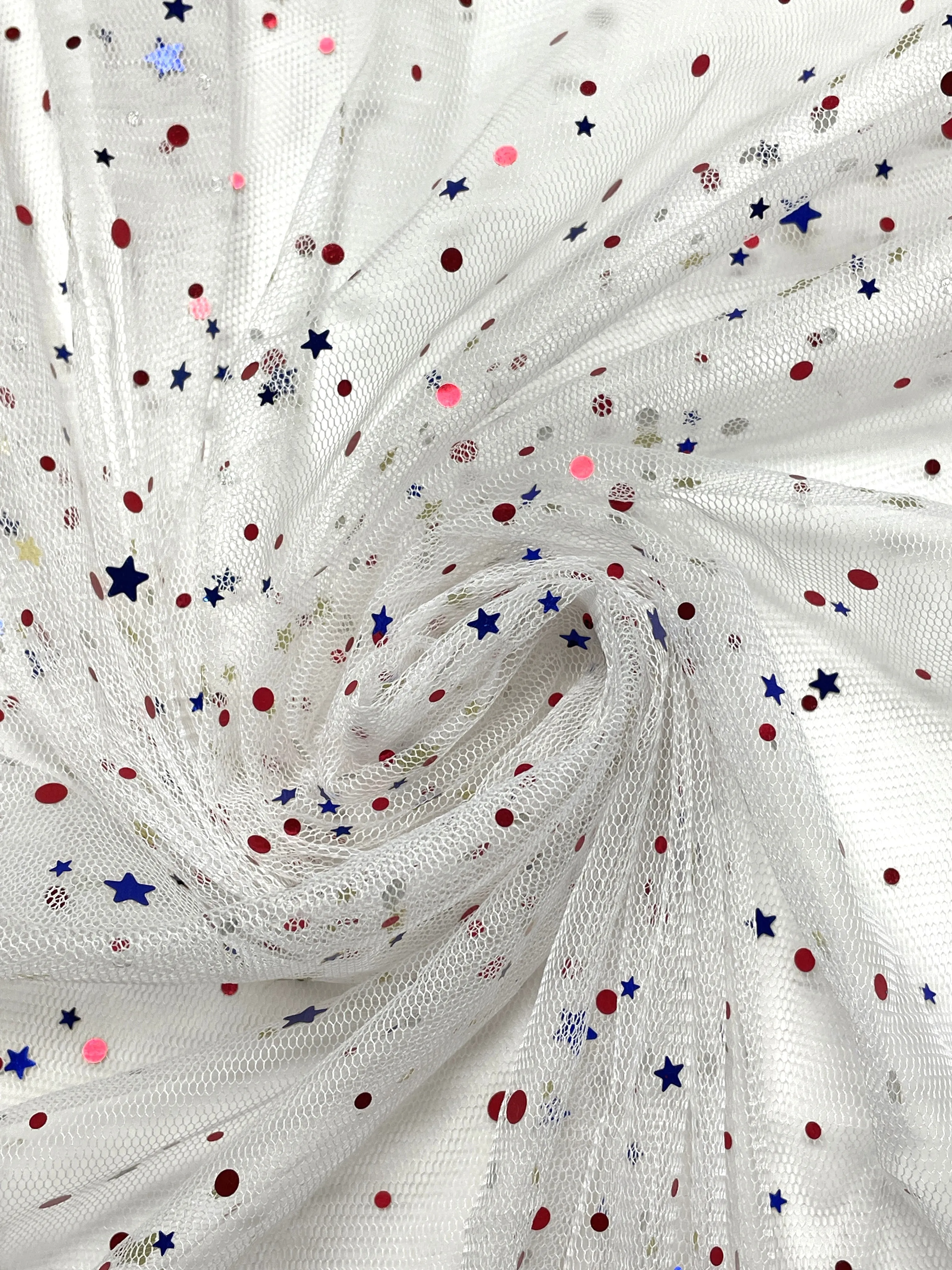 1 1/2 YD Nylon Tulle - White with Metallic Polka Dots and Stars