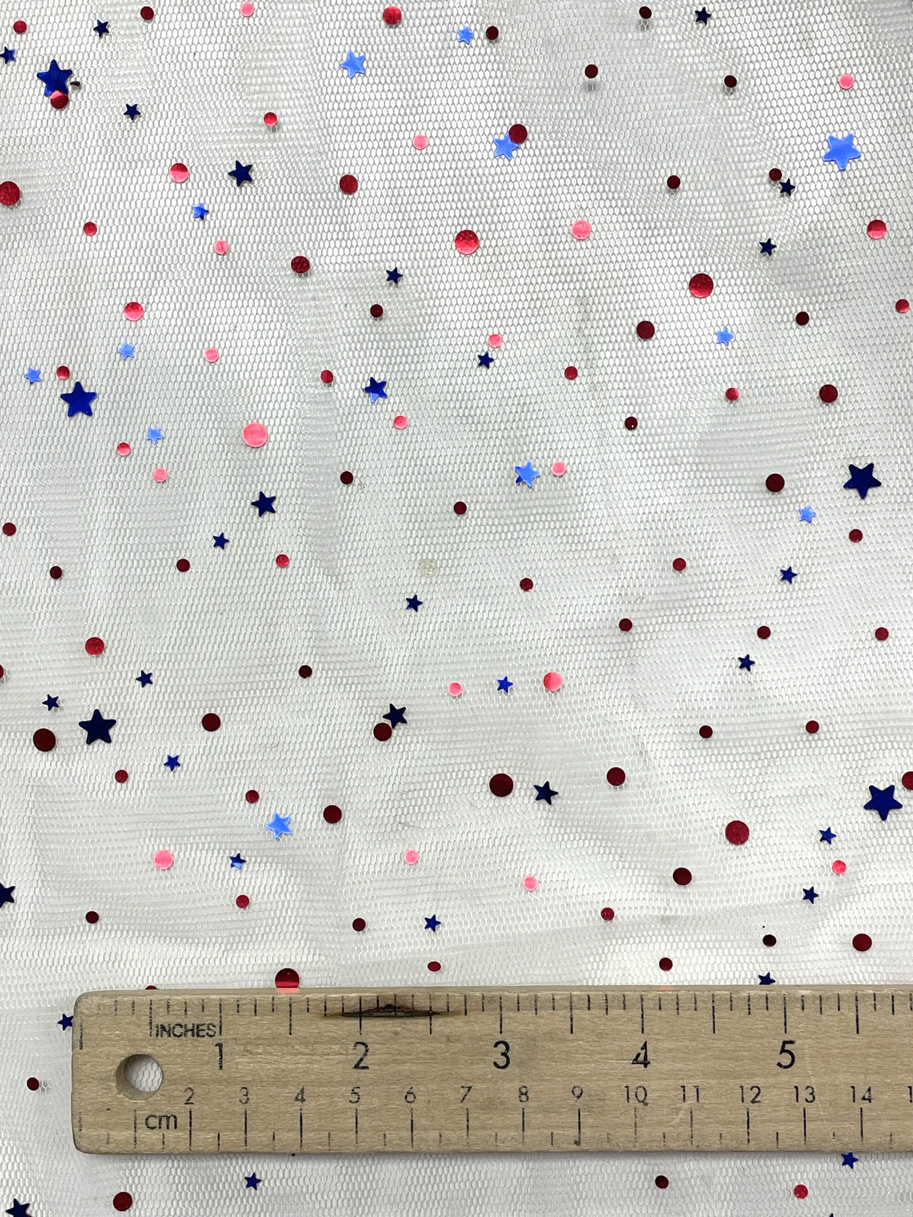 1 1/2 YD Nylon Tulle - White with Metallic Polka Dots and Stars