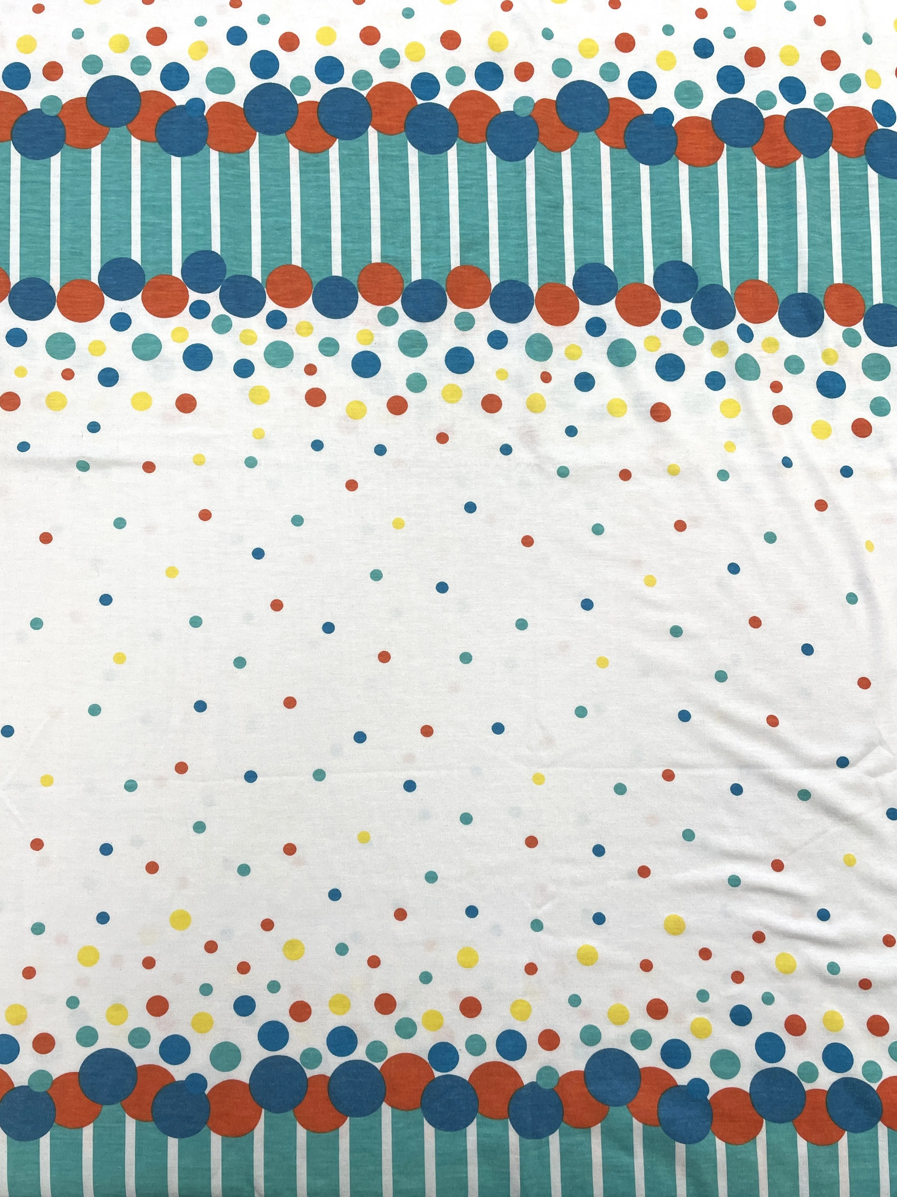 1 3/4 YD Cotton Blend Knit - White with Aqua, Blue, Orange and Yellow Polka Dots