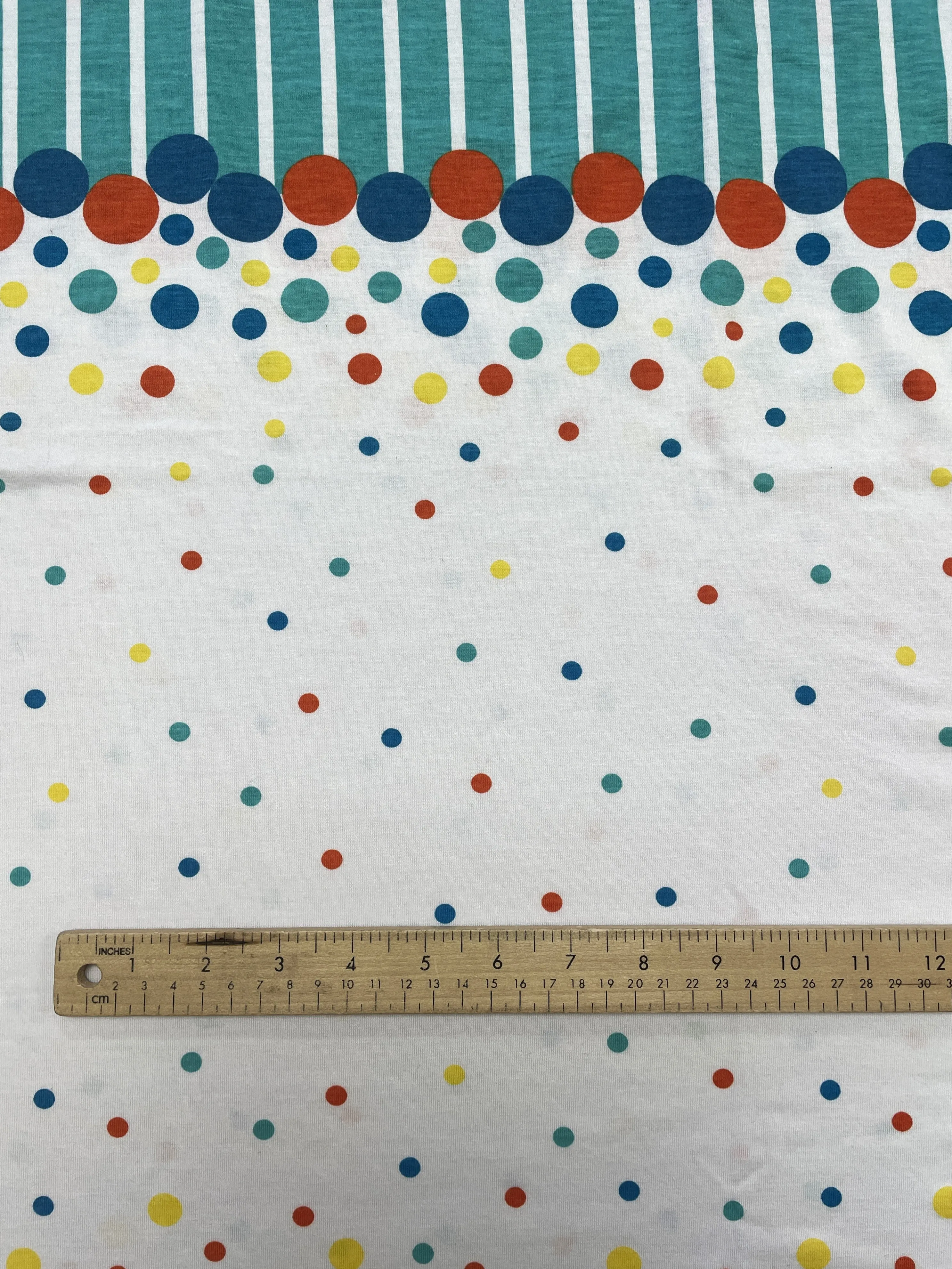 1 3/4 YD Cotton Blend Knit - White with Aqua, Blue, Orange and Yellow Polka Dots