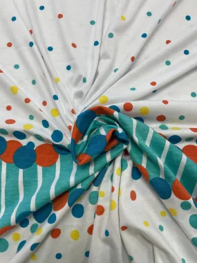 1 3/4 YD Cotton Blend Knit - White with Aqua, Blue, Orange and Yellow Polka Dots