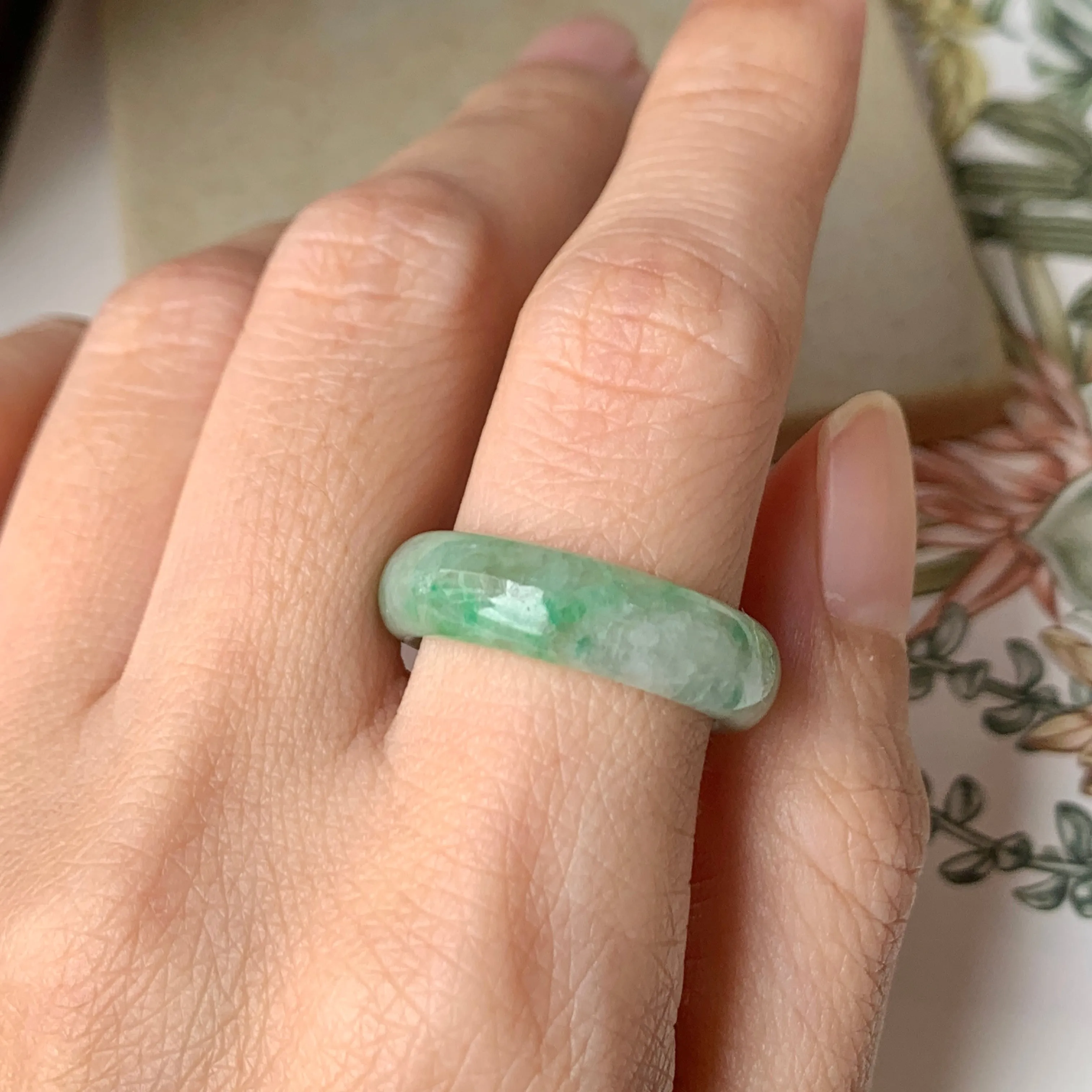 18.9mm A-Grade Natural Floral Imperial Green Jadeite Ring Band No.162144