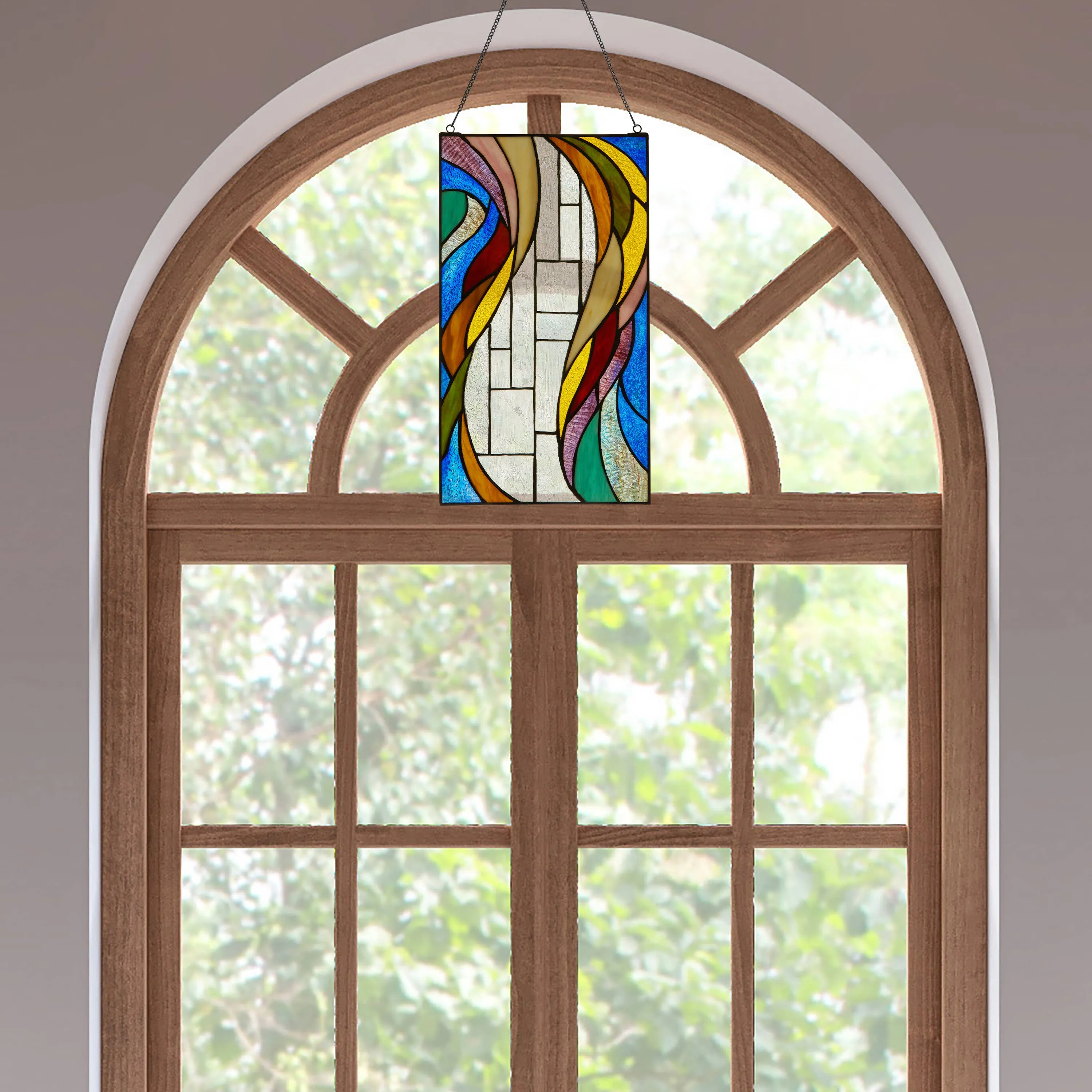 18"H Multicolor Flowing Border Stained Glass Window Panel