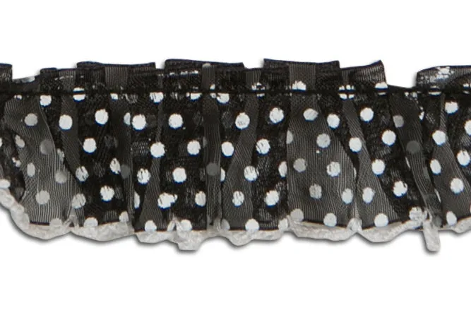 1" Dotted Black Sheer Organza Ruffled Trim