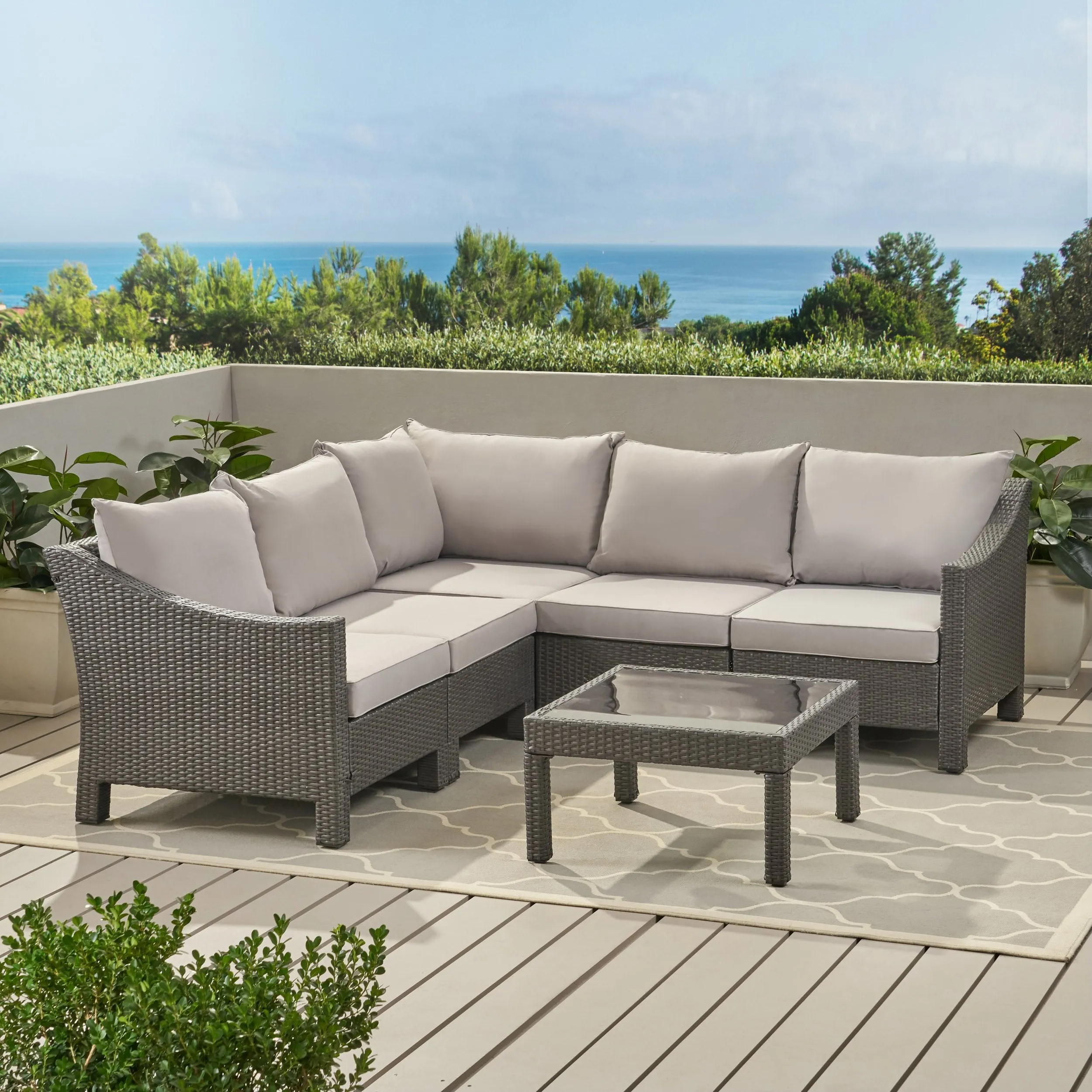 6pc Outdoor Wicker V-shaped Sectional Sofa Set w/ Cushions - NH390003