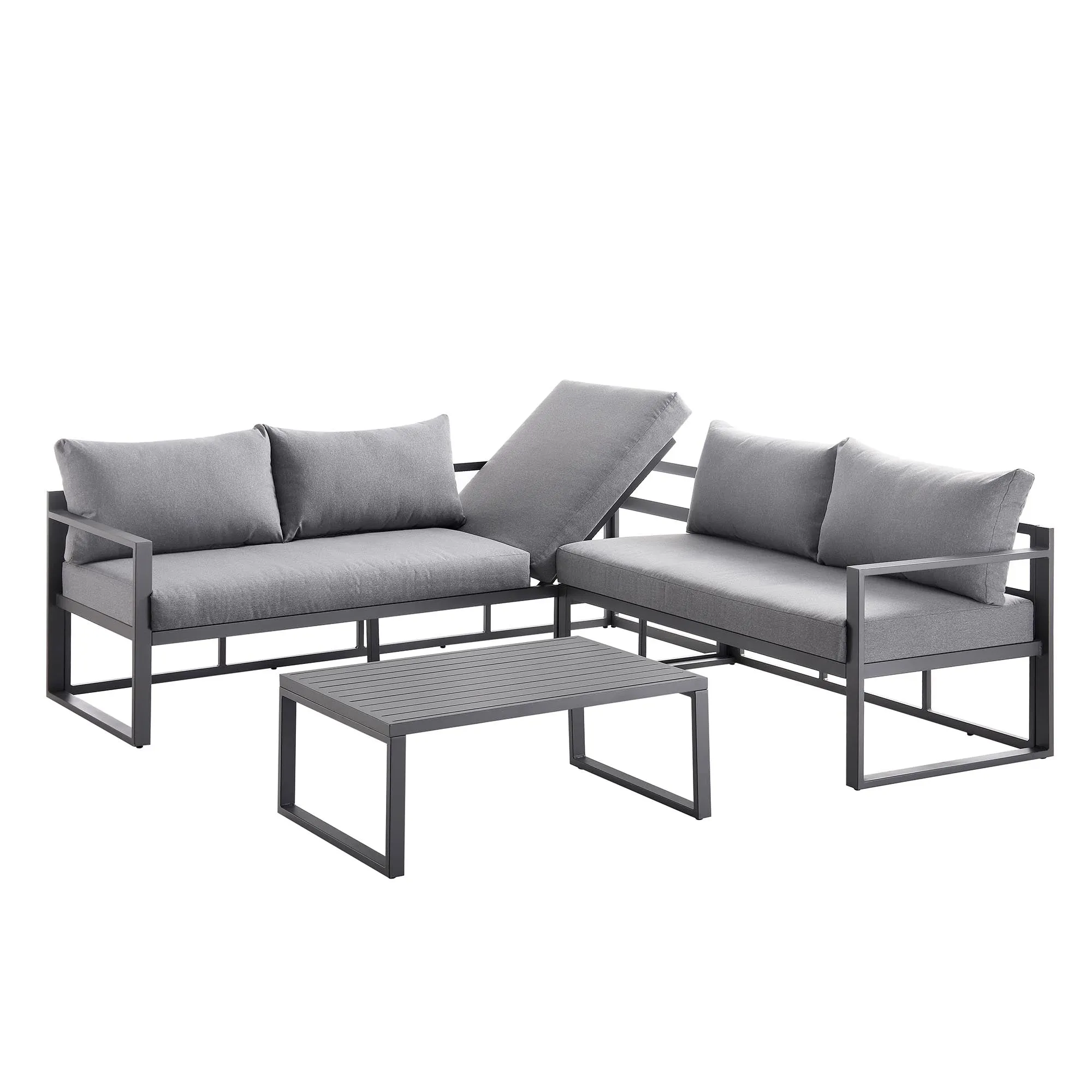 Albany Aluminium Corner Sofa Set with Reclining Back and Coffee Table, Grey