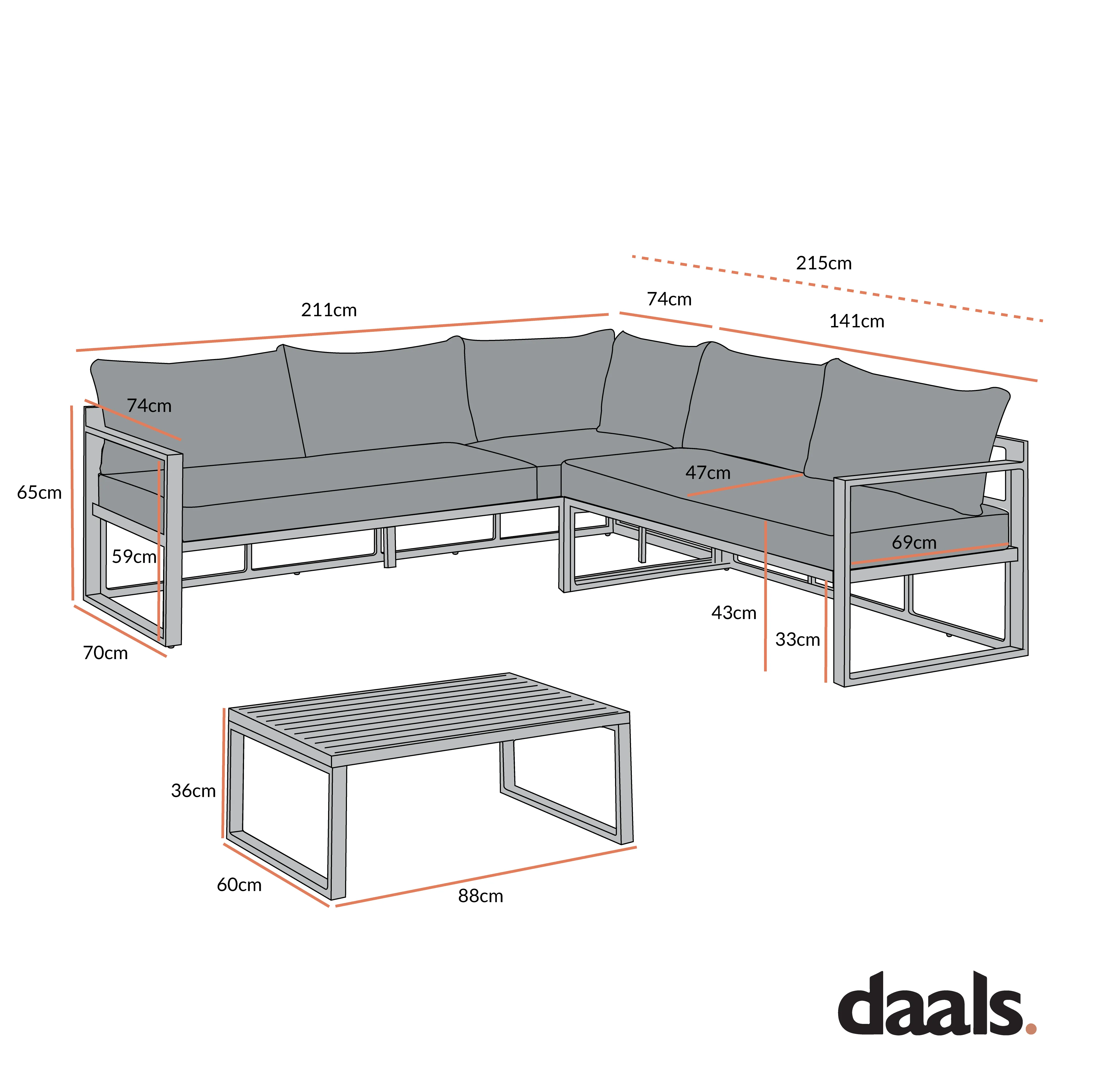 Albany Aluminium Corner Sofa Set with Reclining Back and Coffee Table, Grey