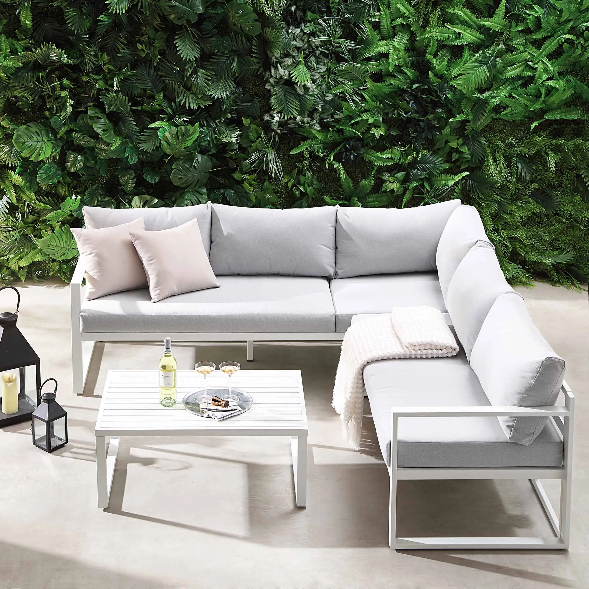 Albany Aluminium Corner Sofa Set with Reclining Back and Coffee Table, White