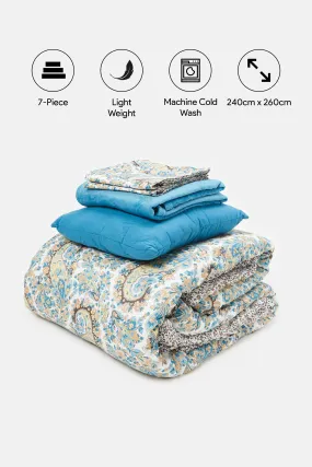 Beige And Blue Paisley Printed Comforter 5 Piece Set (King Size)