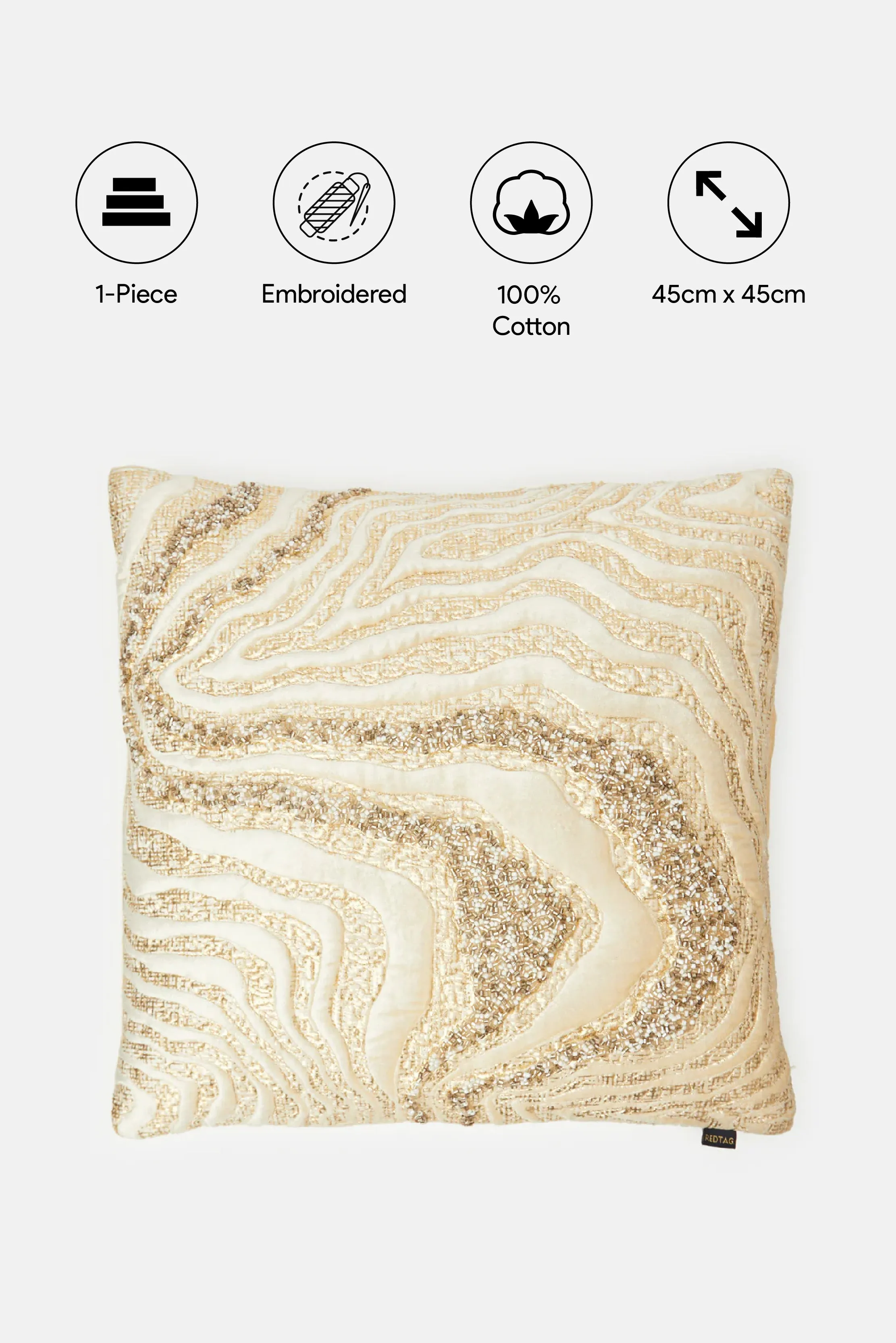 Beige And Gold Beaded Abstract Velvet Cushion