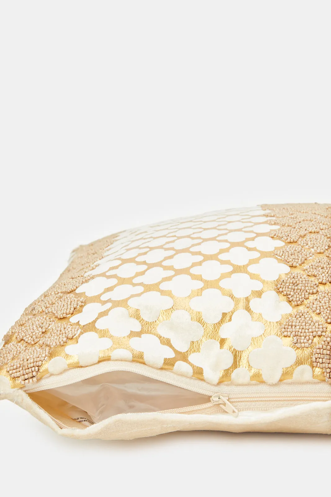 Beige And Gold Embellished Velvet Cushion