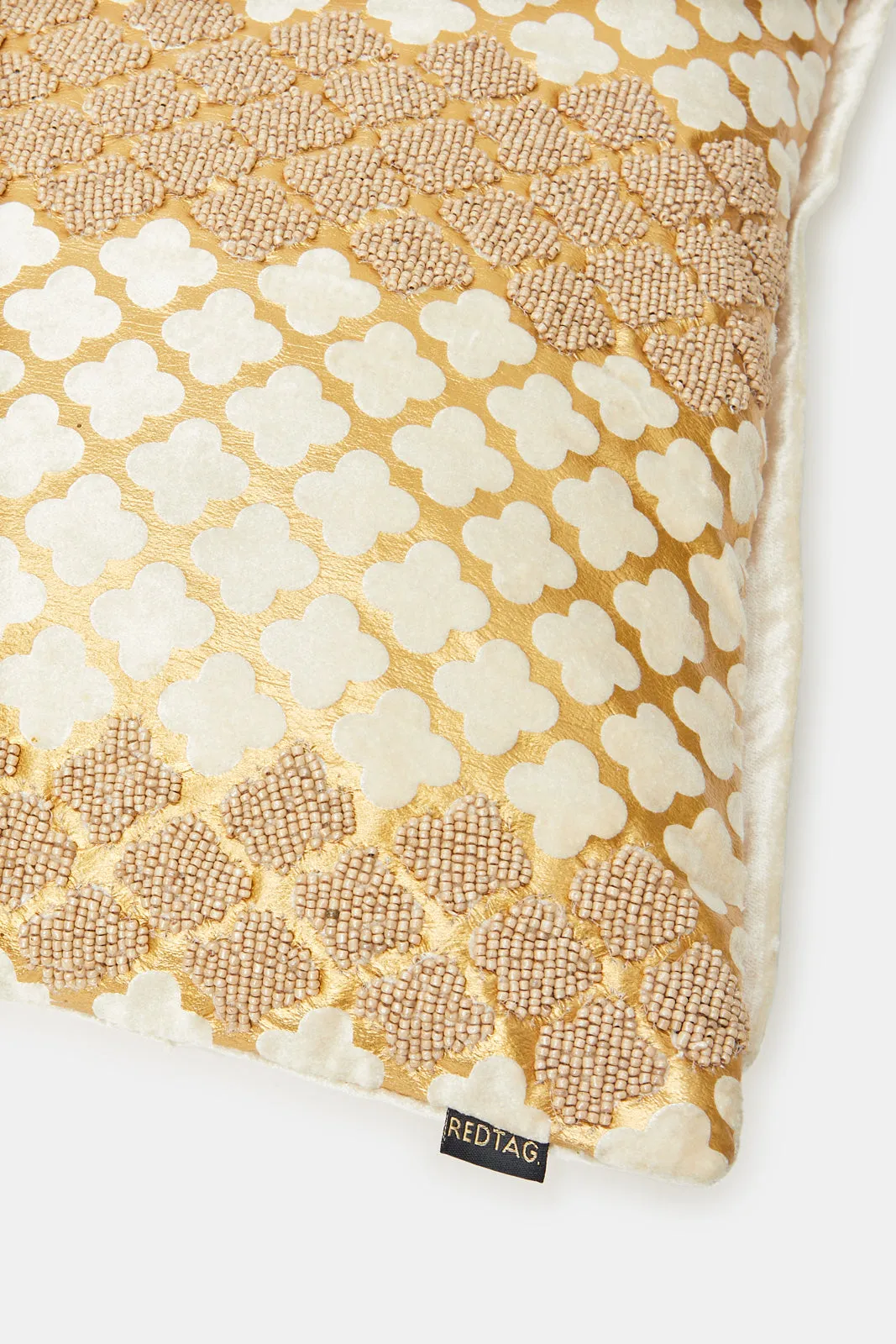 Beige And Gold Embellished Velvet Cushion