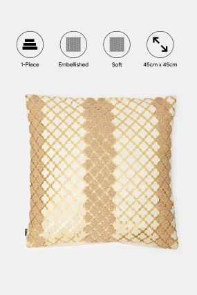 Beige And Gold Embellished Velvet Cushion