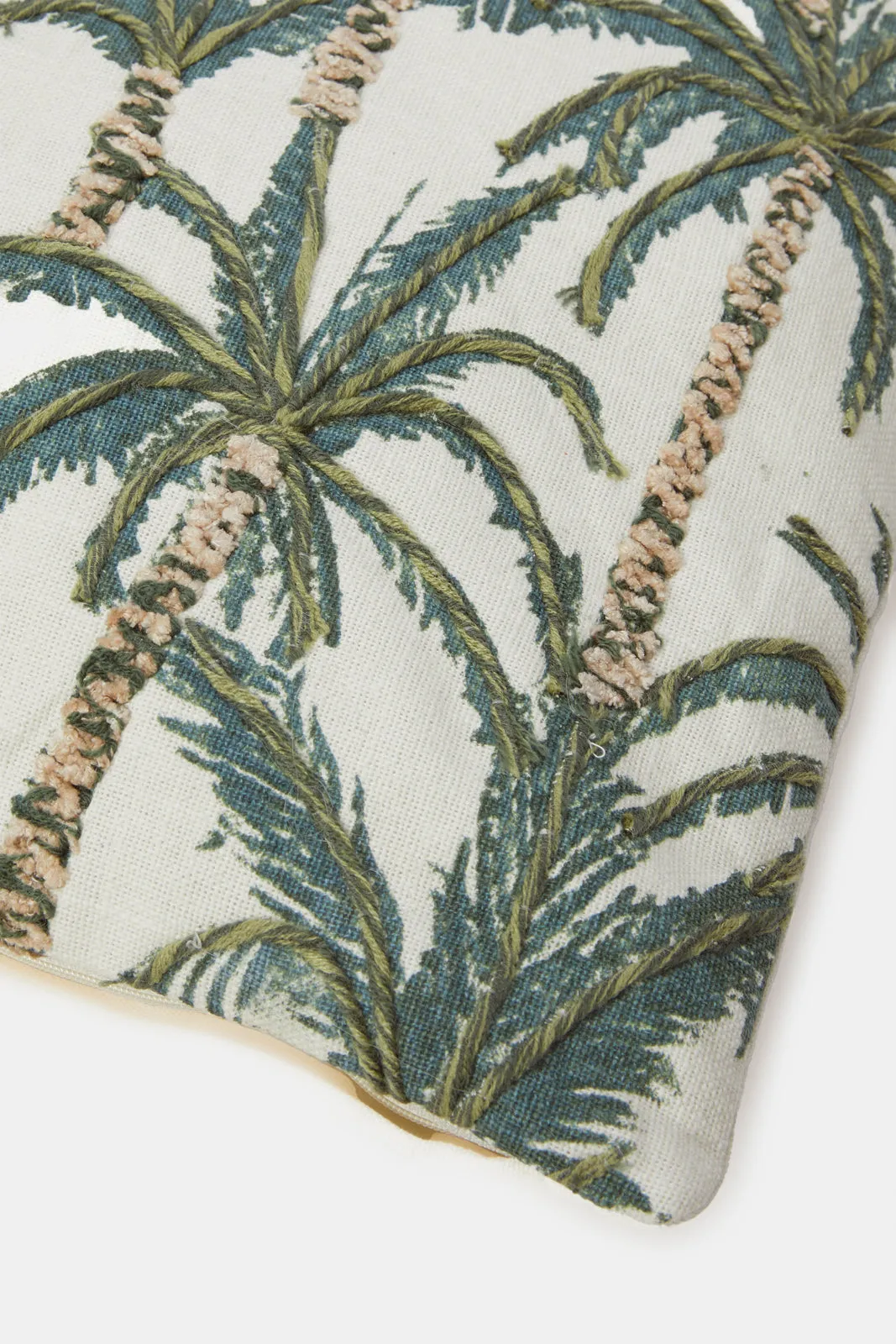 Beige And Green Palm Print With Embroidery Cushion