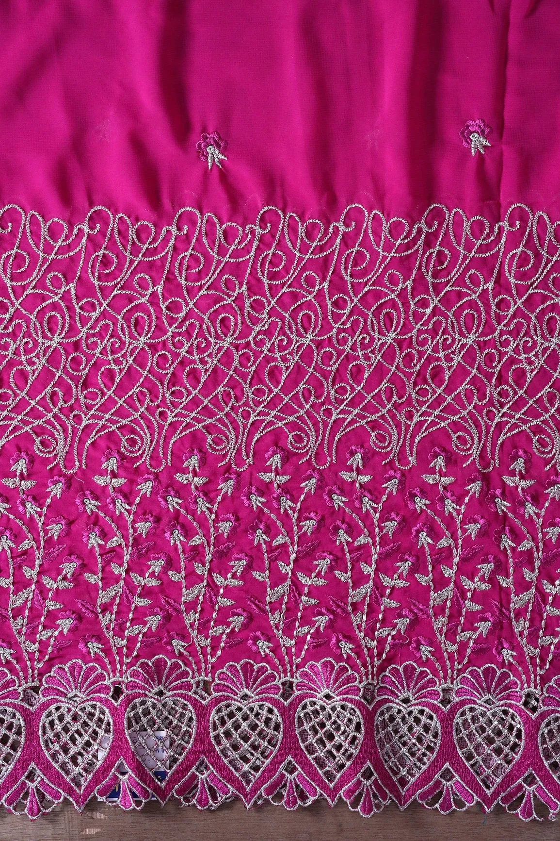 Big Width''56'' Fuchsia Thread With Zari Floral Embroidery Work On Fuchsia Georgette Fabric With Border