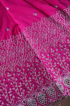 Big Width''56'' Fuchsia Thread With Zari Floral Embroidery Work On Fuchsia Georgette Fabric With Border