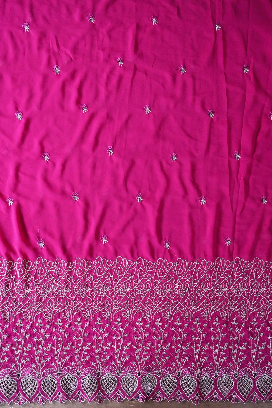 Big Width''56'' Fuchsia Thread With Zari Floral Embroidery Work On Fuchsia Georgette Fabric With Border