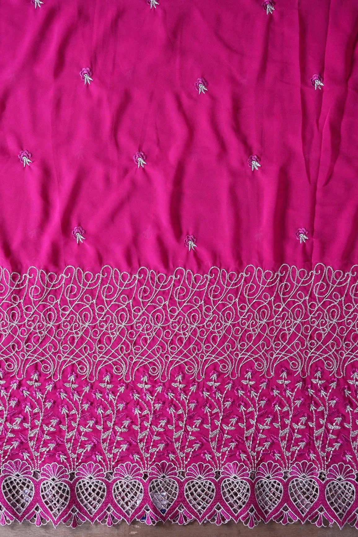 Big Width''56'' Fuchsia Thread With Zari Floral Embroidery Work On Fuchsia Georgette Fabric With Border