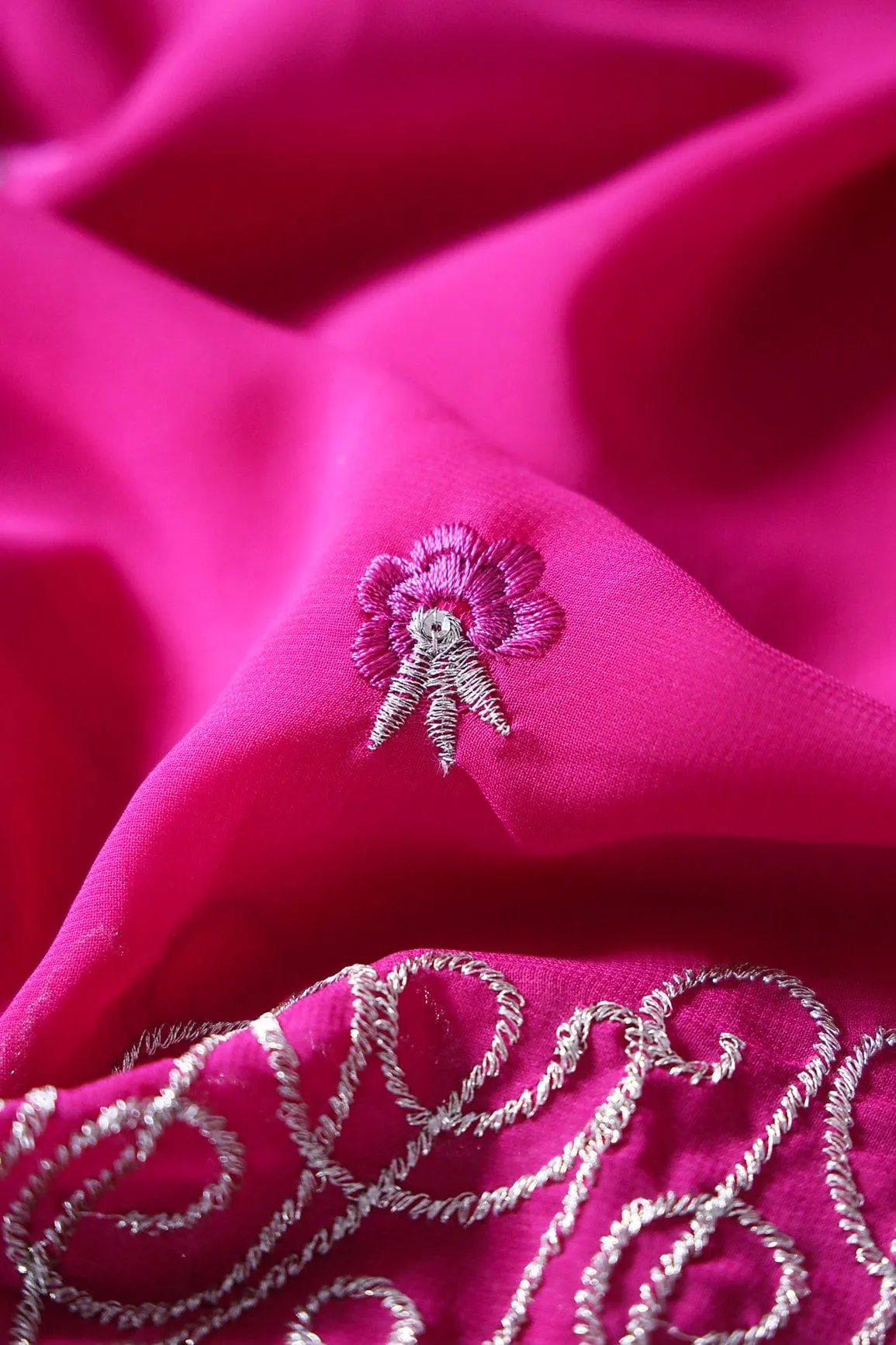 Big Width''56'' Fuchsia Thread With Zari Floral Embroidery Work On Fuchsia Georgette Fabric With Border