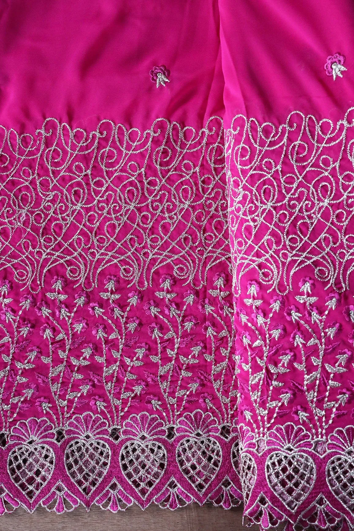 Big Width''56'' Fuchsia Thread With Zari Floral Embroidery Work On Fuchsia Georgette Fabric With Border