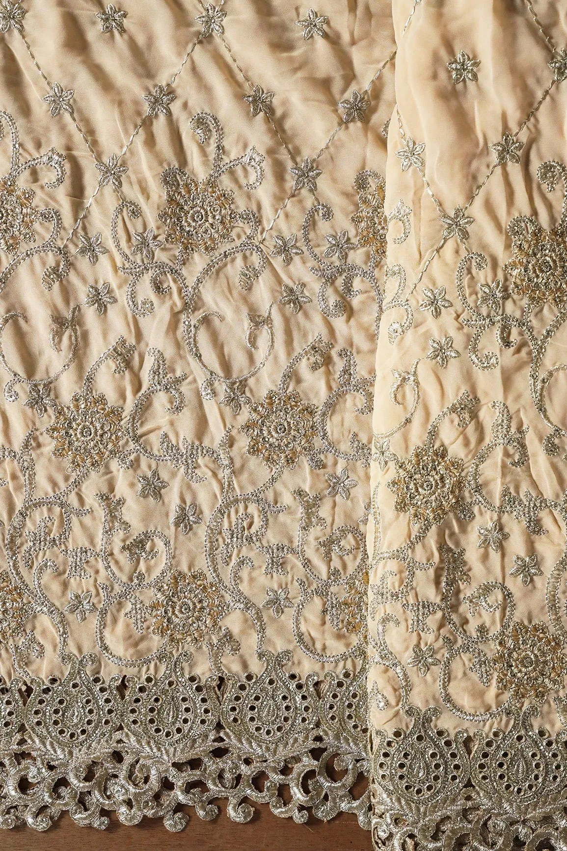 Big Width''56'' Gold And Silver Zari Floral Embroidery Work On Beige Georgette Fabric With Border