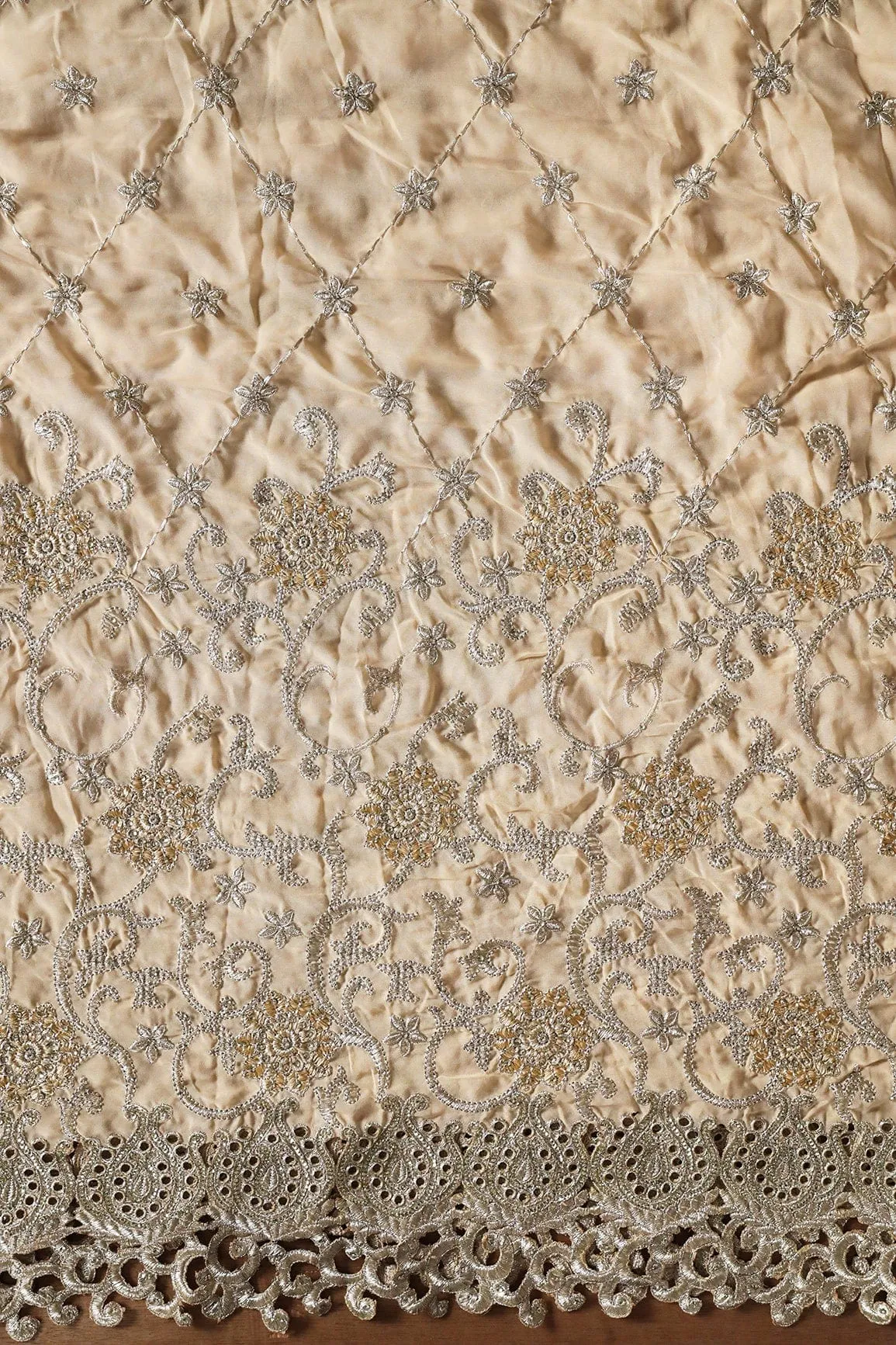 Big Width''56'' Gold And Silver Zari Floral Embroidery Work On Beige Georgette Fabric With Border