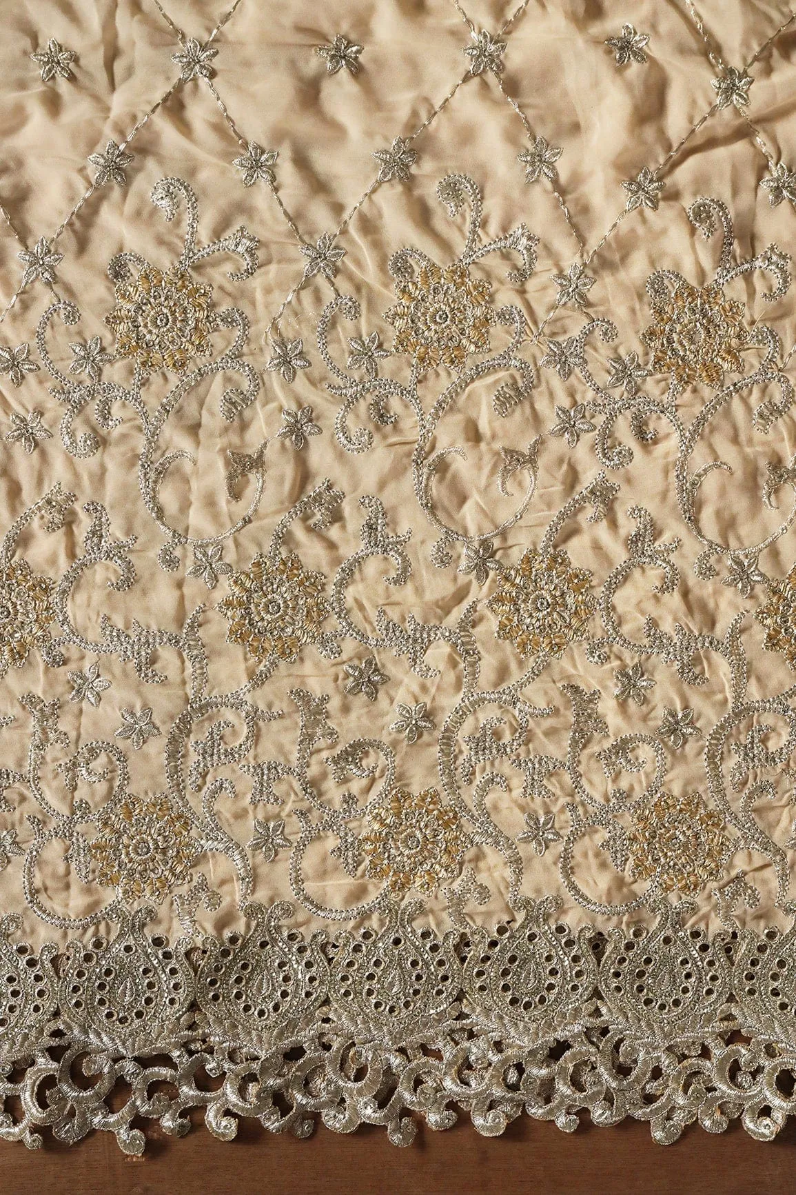 Big Width''56'' Gold And Silver Zari Floral Embroidery Work On Beige Georgette Fabric With Border