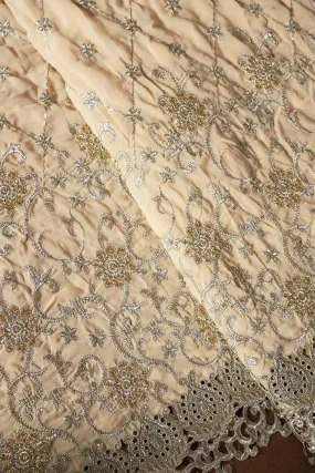 Big Width''56'' Gold And Silver Zari Floral Embroidery Work On Beige Georgette Fabric With Border