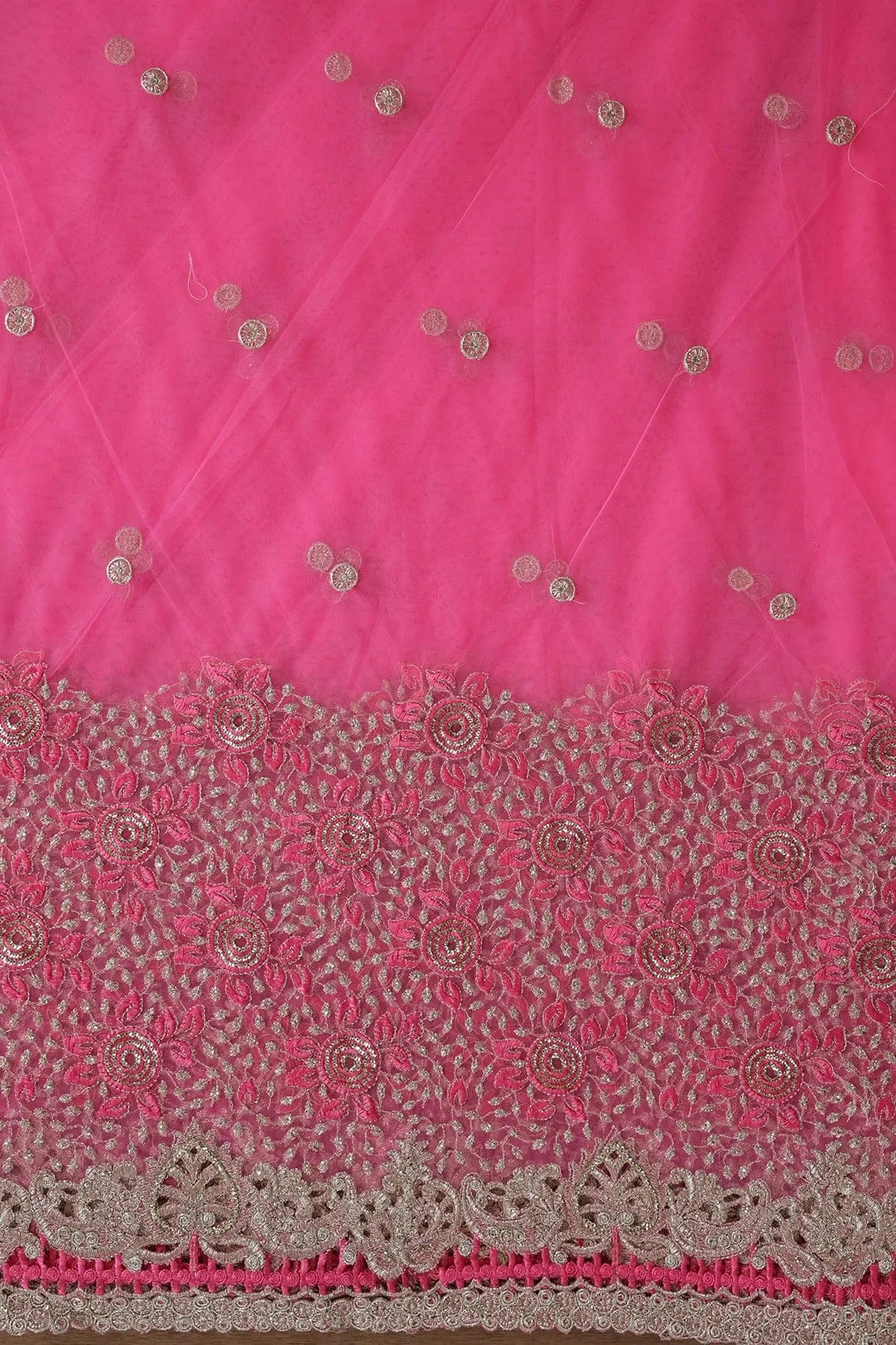 Big Width''56'' Pink Thread With Zari Floral Embroidery Work On Pink Soft Net Fabric With Border