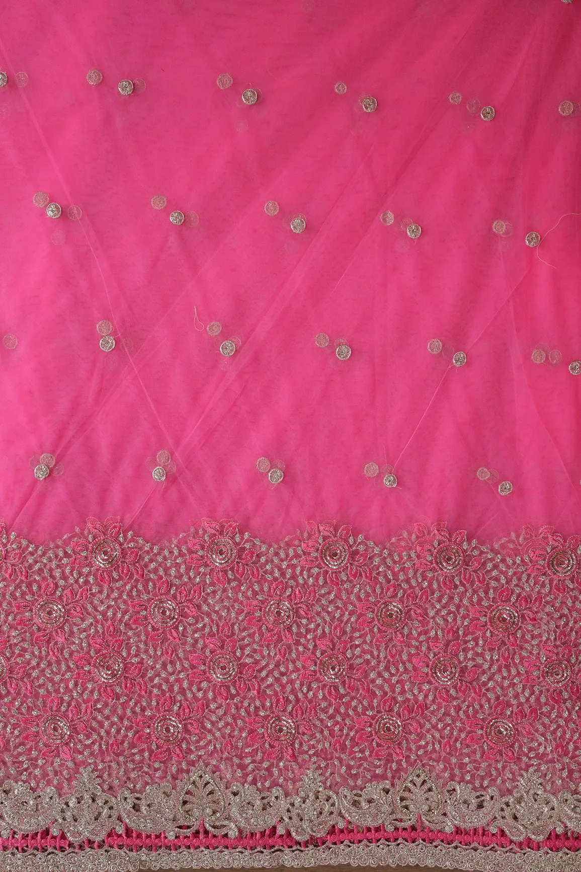 Big Width''56'' Pink Thread With Zari Floral Embroidery Work On Pink Soft Net Fabric With Border