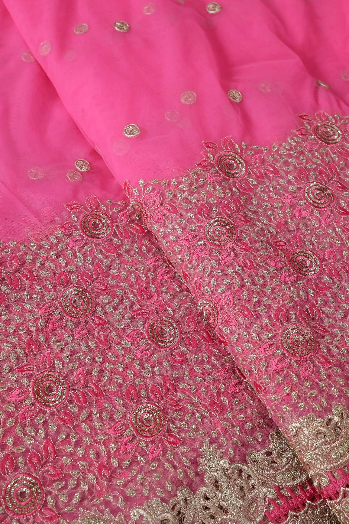 Big Width''56'' Pink Thread With Zari Floral Embroidery Work On Pink Soft Net Fabric With Border