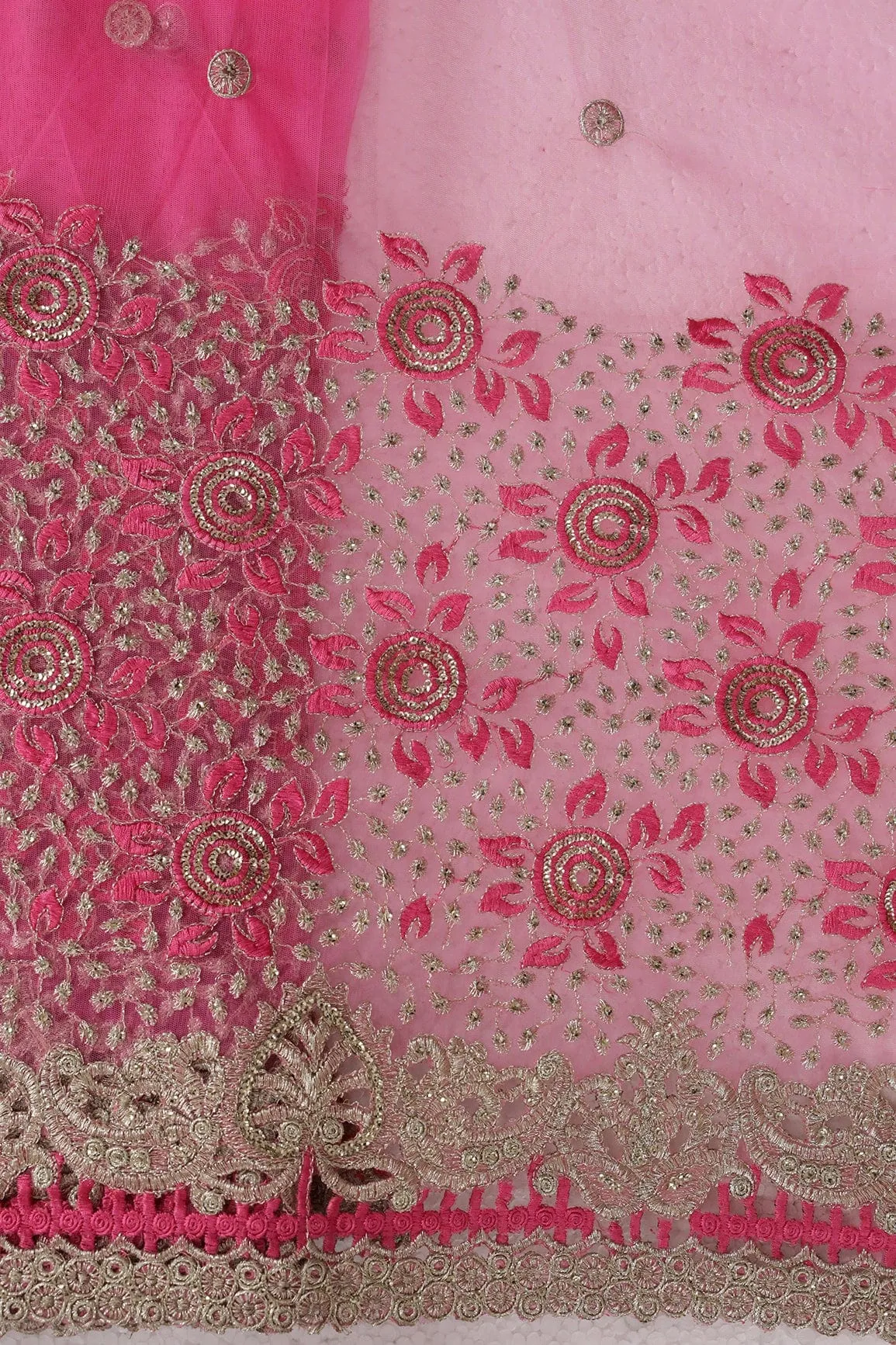 Big Width''56'' Pink Thread With Zari Floral Embroidery Work On Pink Soft Net Fabric With Border