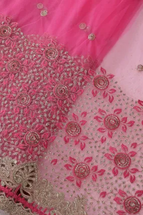 Big Width''56'' Pink Thread With Zari Floral Embroidery Work On Pink Soft Net Fabric With Border