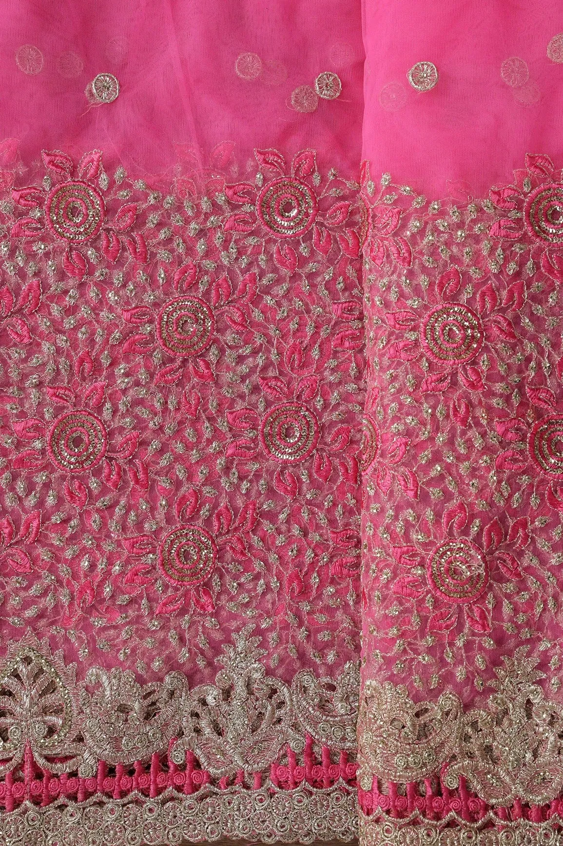 Big Width''56'' Pink Thread With Zari Floral Embroidery Work On Pink Soft Net Fabric With Border