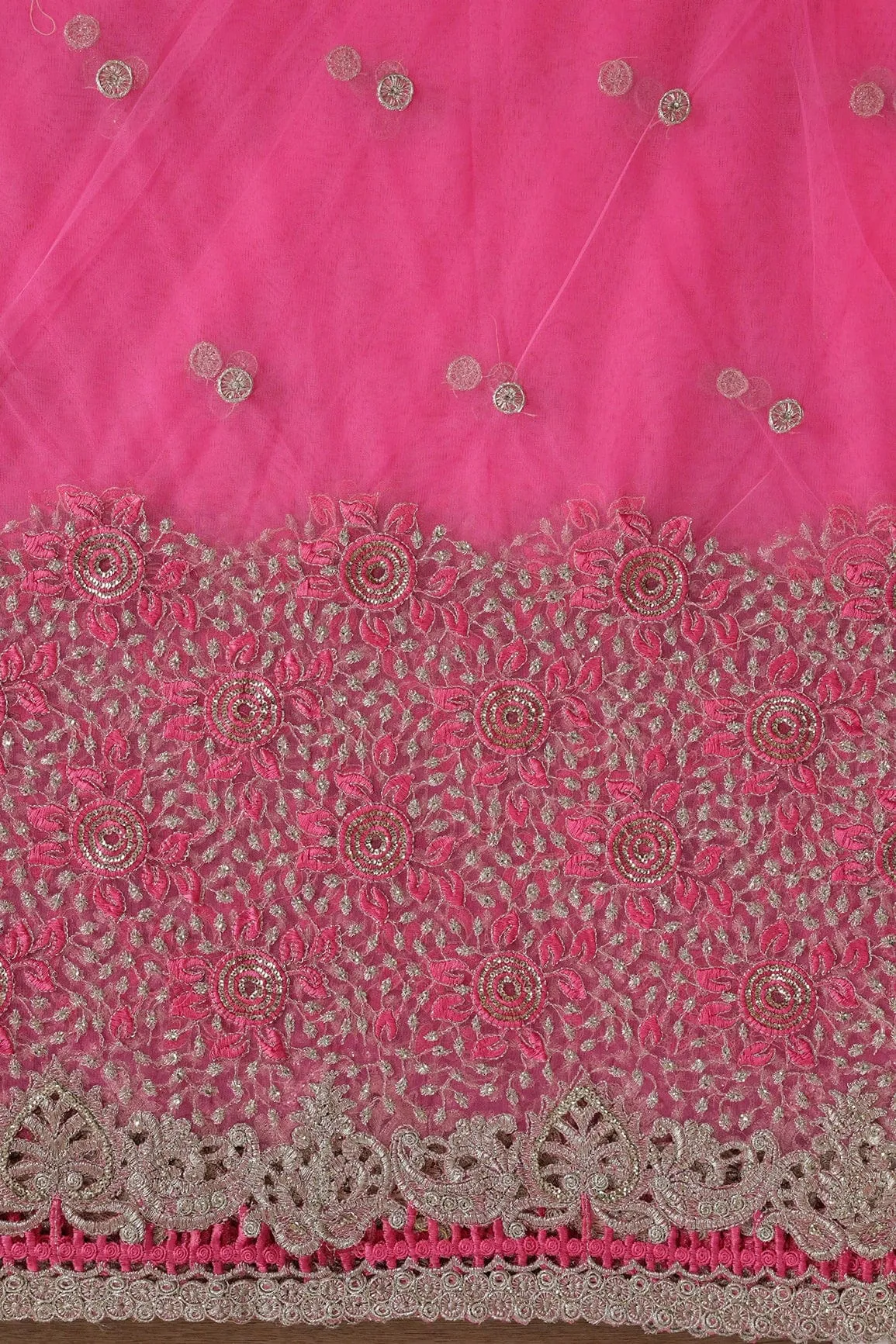 Big Width''56'' Pink Thread With Zari Floral Embroidery Work On Pink Soft Net Fabric With Border