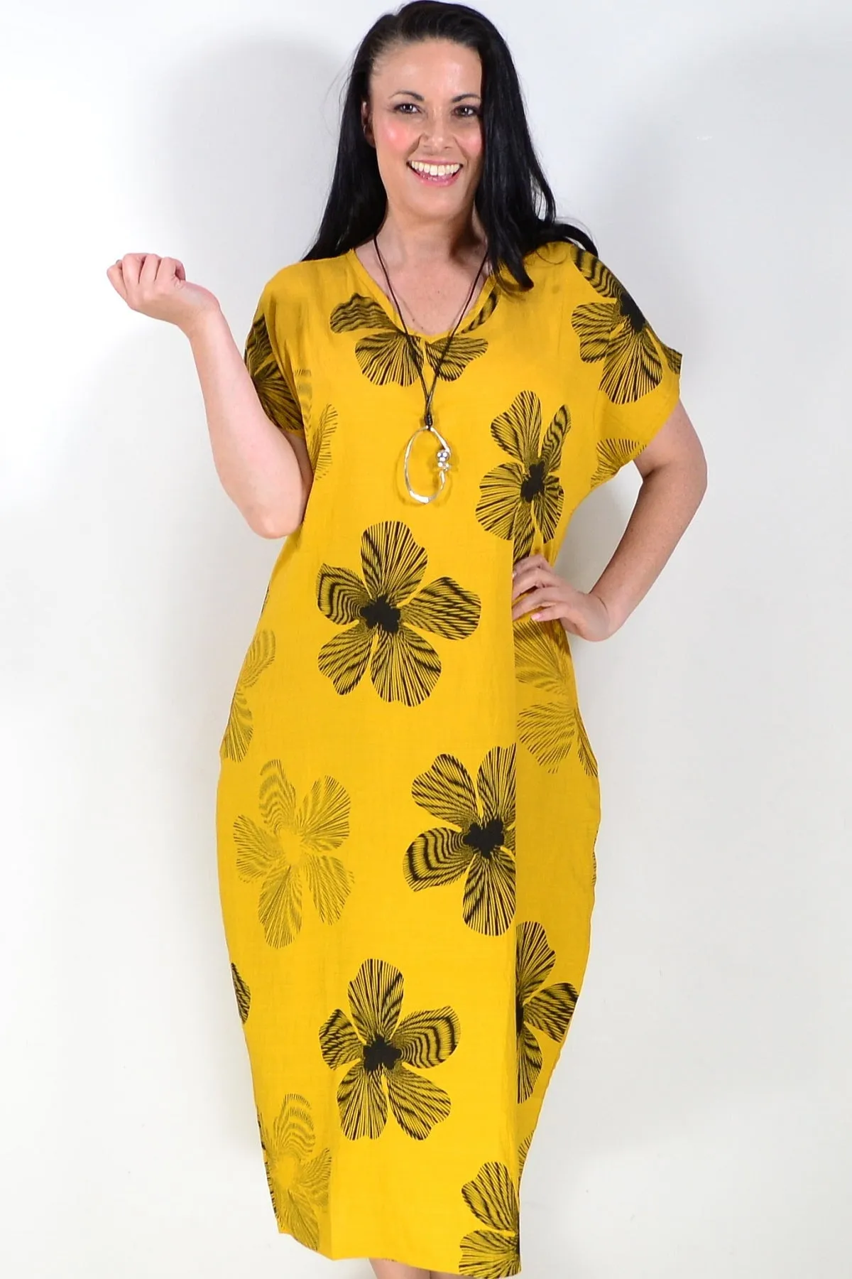 Black Floral Mustard Yellow Dress