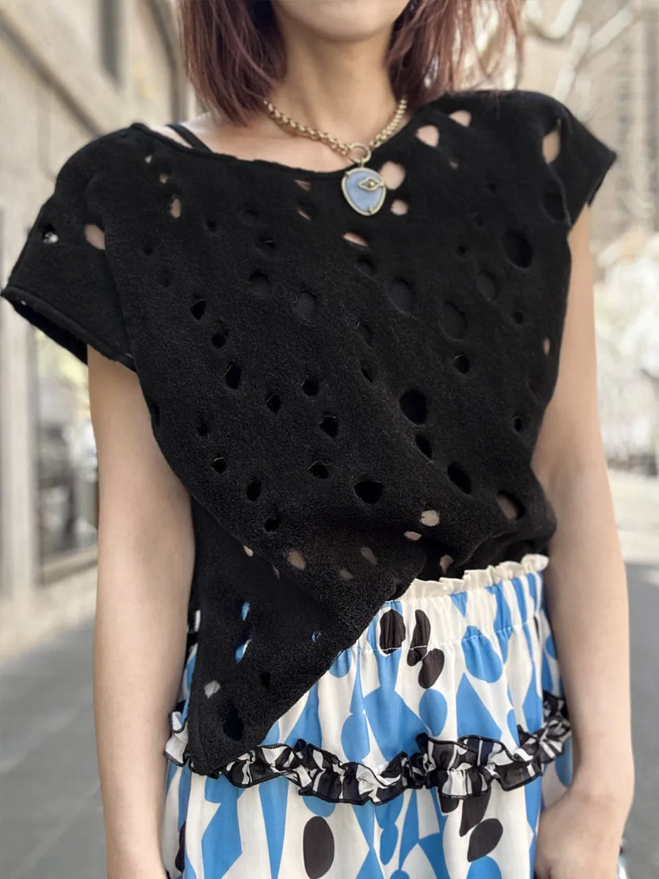 Black Polka-Dot Felted Relax Fit Woollen Sleeveless Top