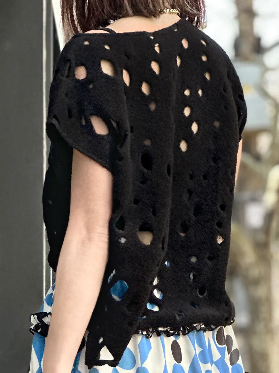 Black Polka-Dot Felted Relax Fit Woollen Sleeveless Top