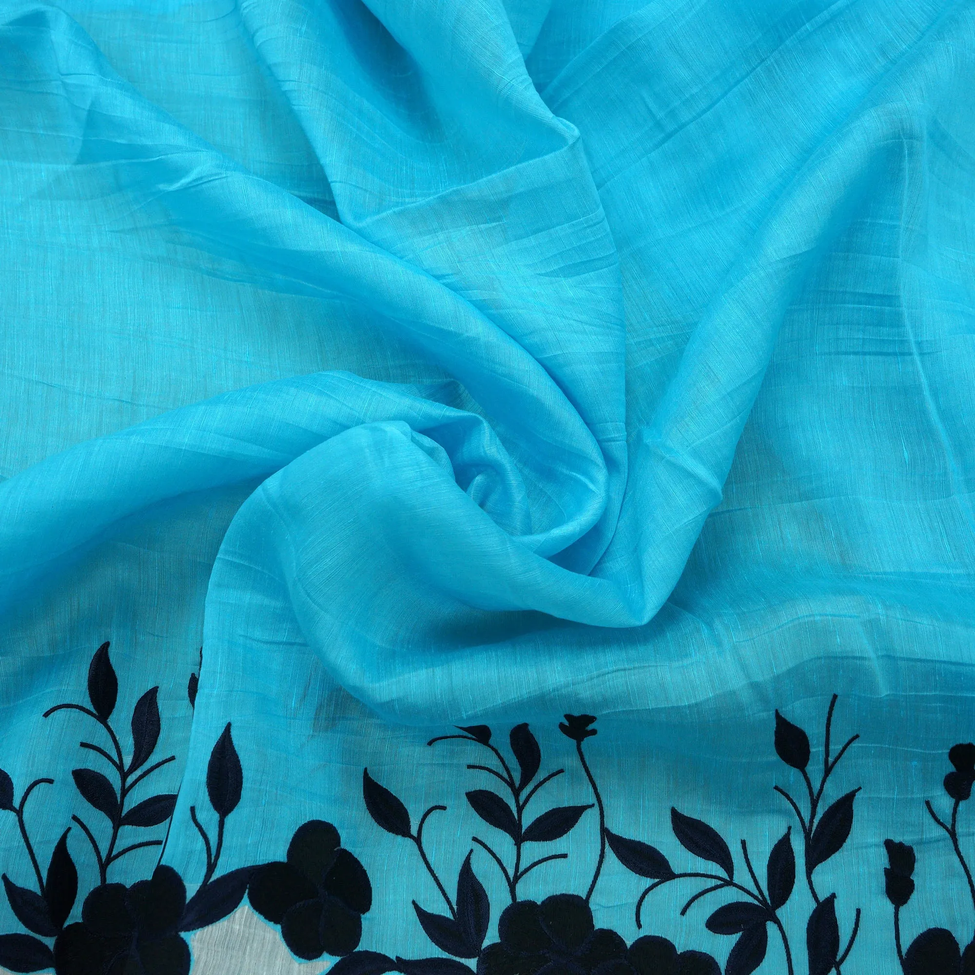 Blue and White Floral Embroidered Linen and polyester