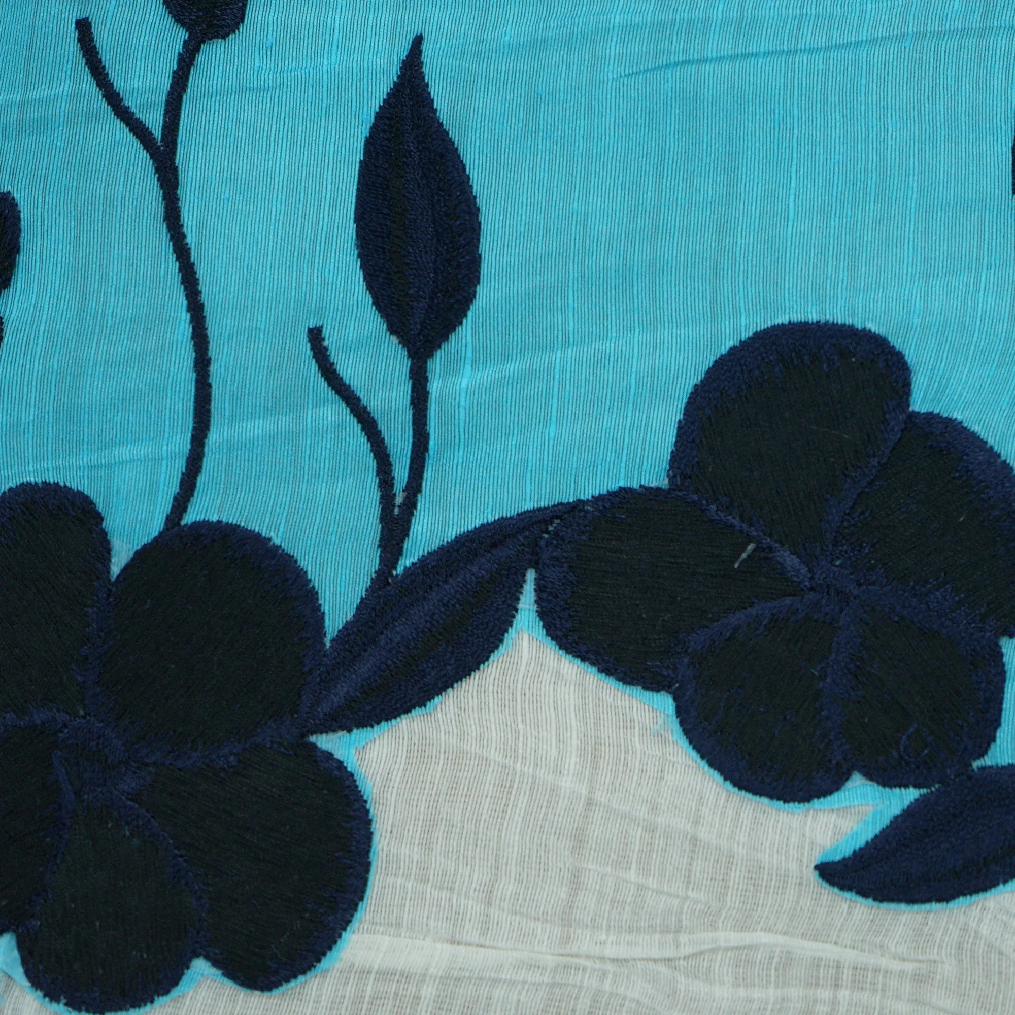 Blue and White Floral Embroidered Linen and polyester