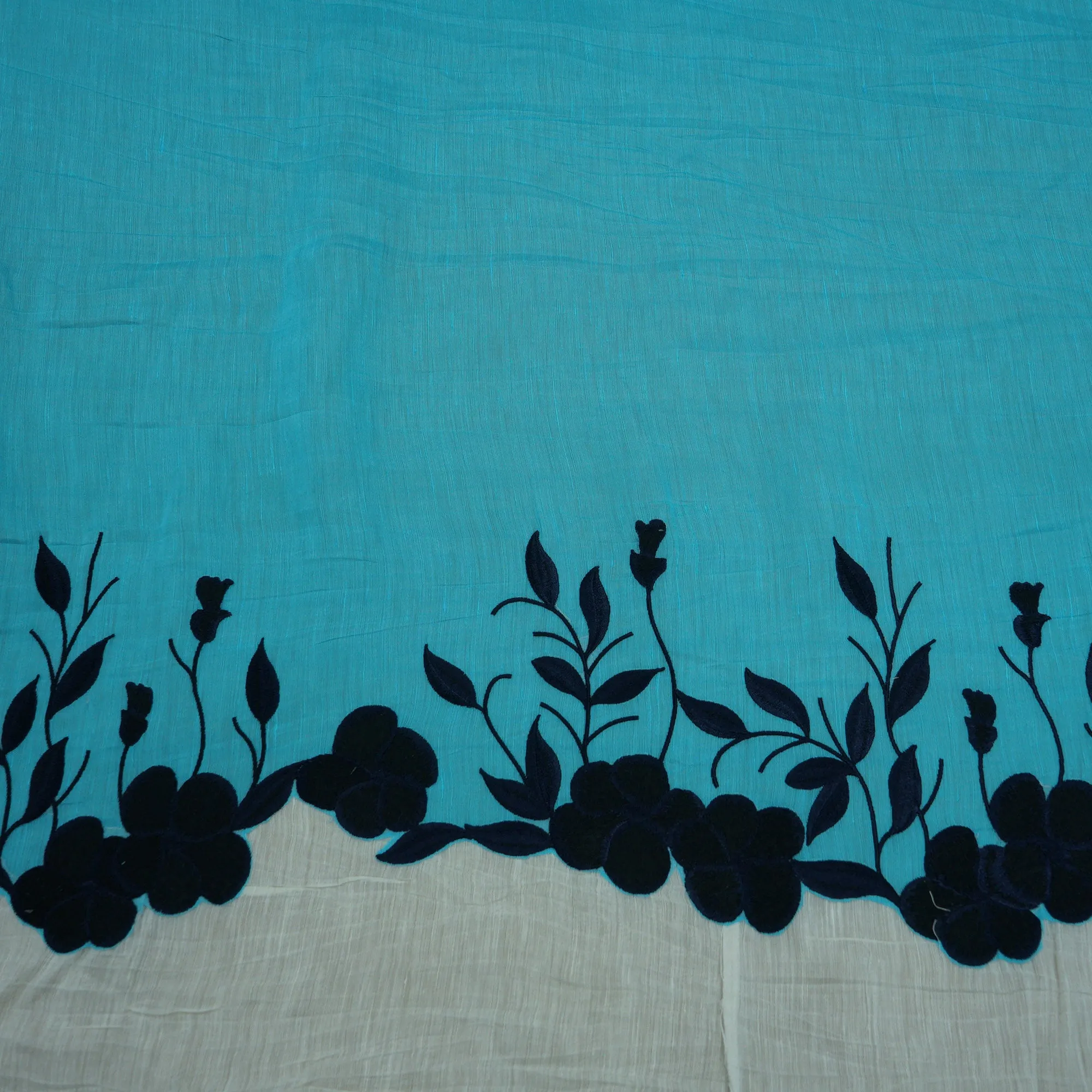 Blue and White Floral Embroidered Linen and polyester