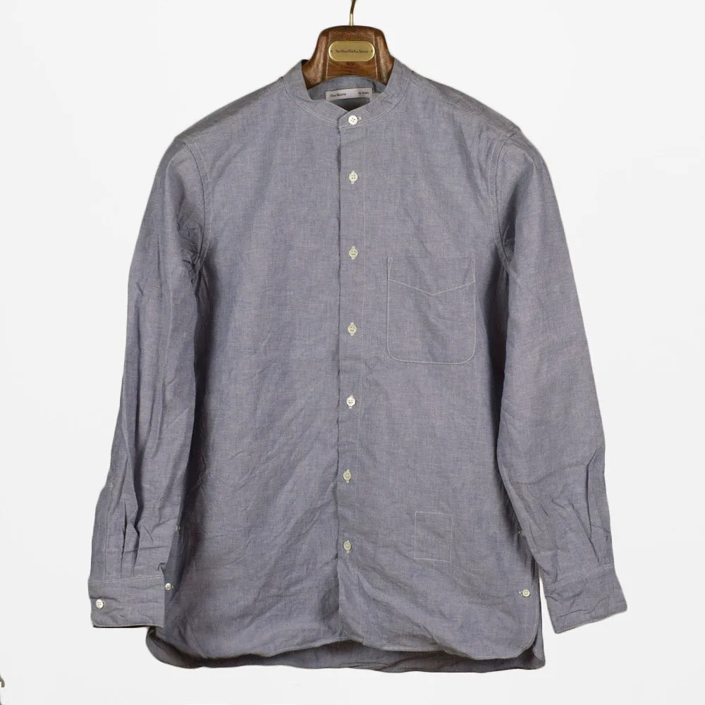 Blue chambray grandpa collar long-shirt