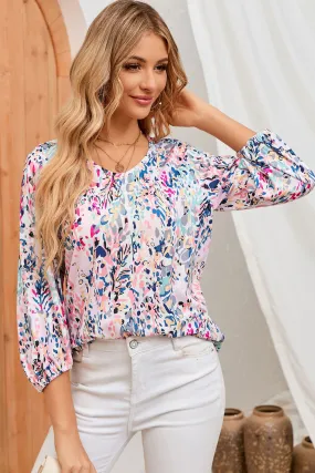 Blue Floral Print Puffy Sleeve Loose Blouse