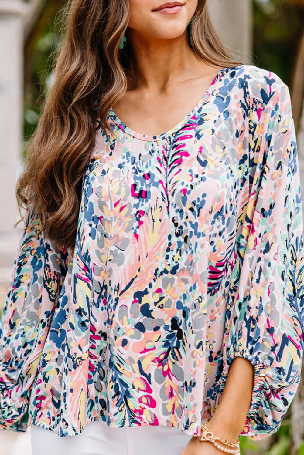 Blue Floral Print Puffy Sleeve Loose Blouse