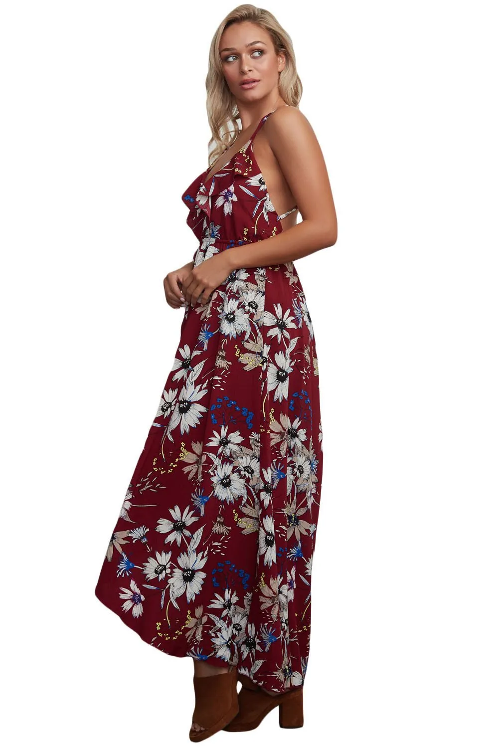 Burgundy Floral Chiffon Spaghetti Straps Maxi Dress