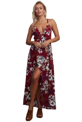 Burgundy Floral Chiffon Spaghetti Straps Maxi Dress