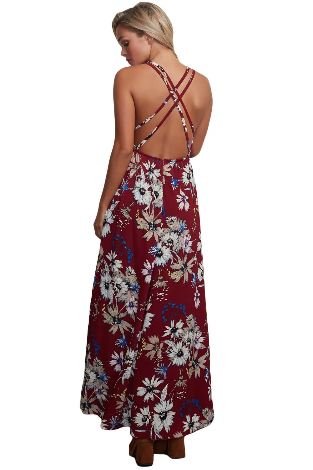 Burgundy Floral Chiffon Spaghetti Straps Maxi Dress