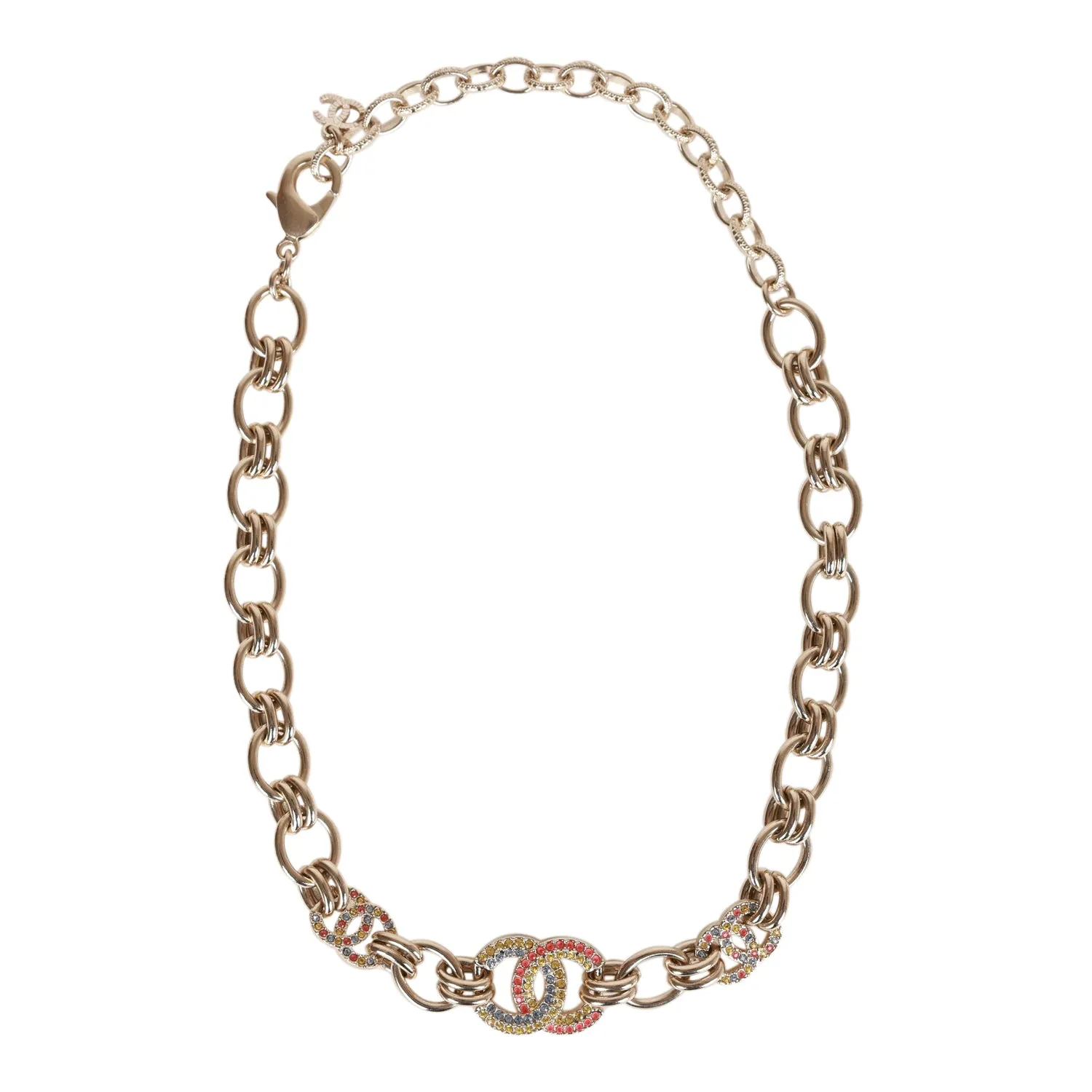 Chanel Gold Tone and Multicolor Crystal CC Choker Necklace