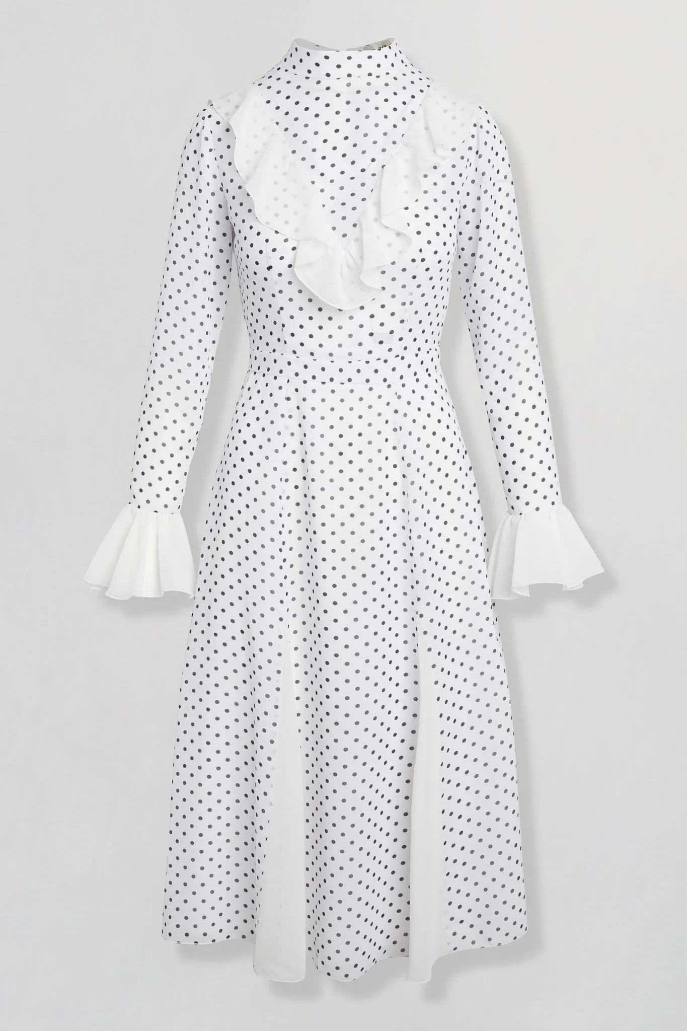 Chiffon polka-dot dress with ruffles in white