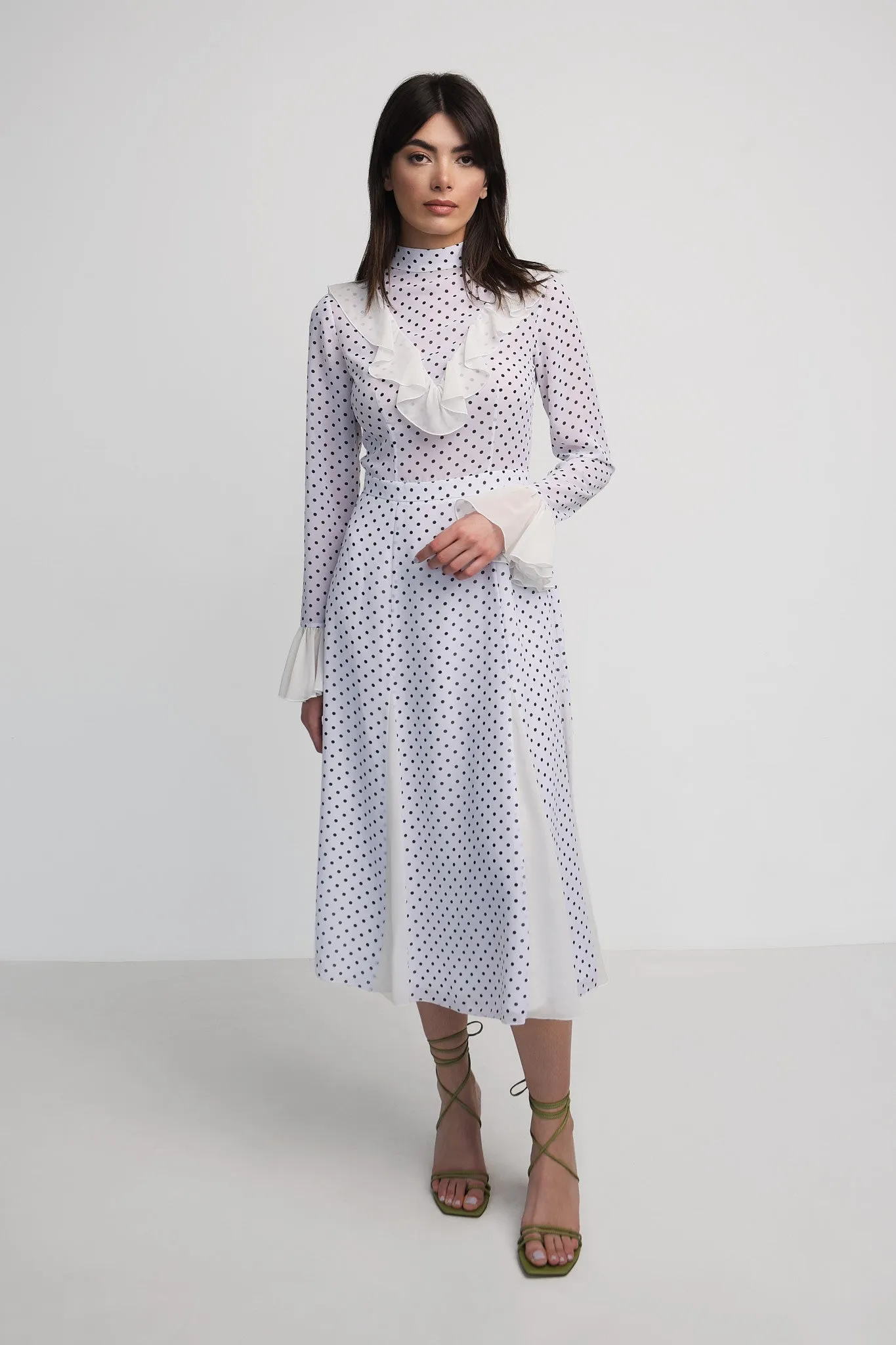 Chiffon polka-dot dress with ruffles in white